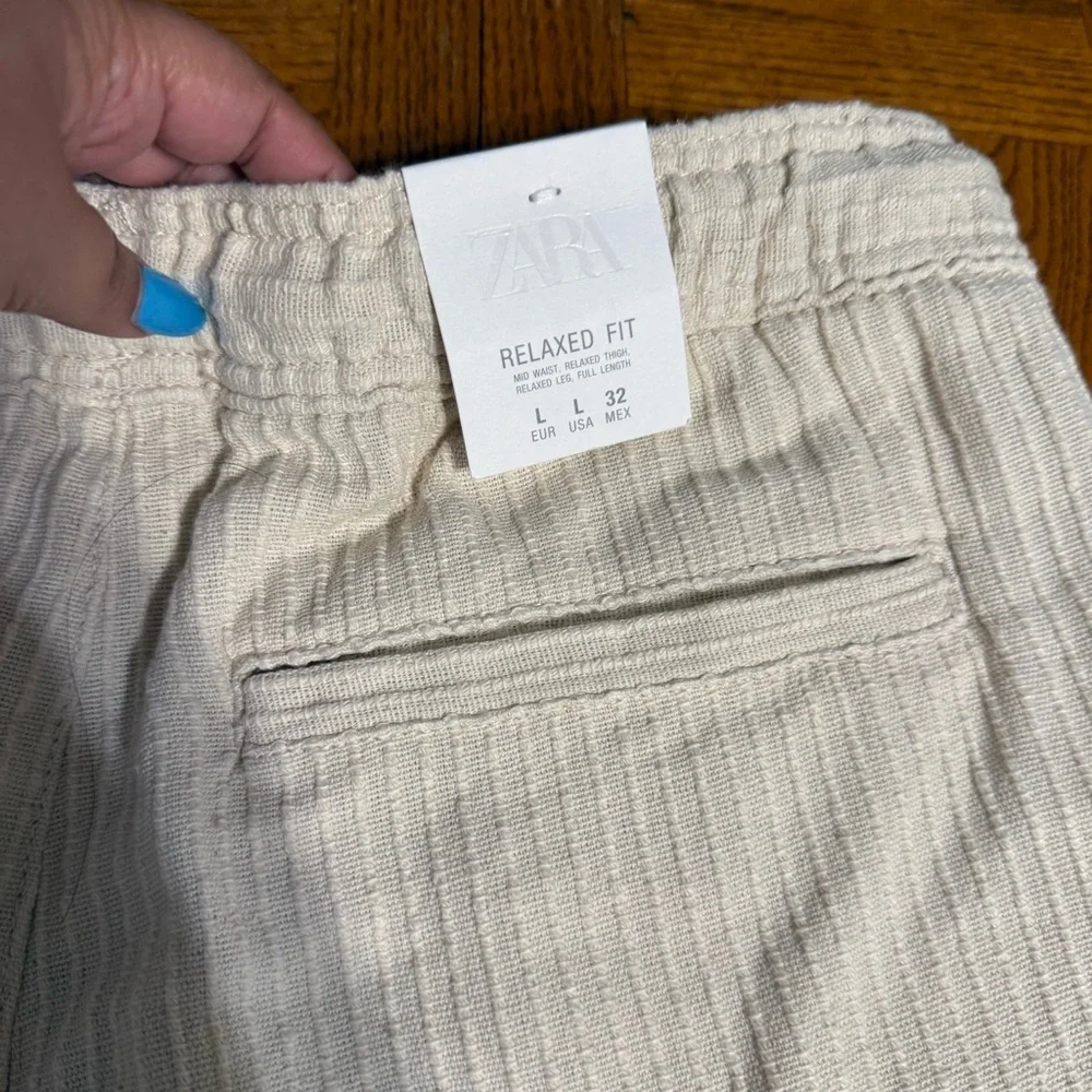 Zara Man Textured Cotton Relaxed Fit Drawstring Pants in Cream Sz L NWT Resort